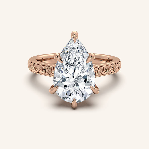 Pear Shape Engraved Cathedral Engagement Ring | 14k Rose Gold