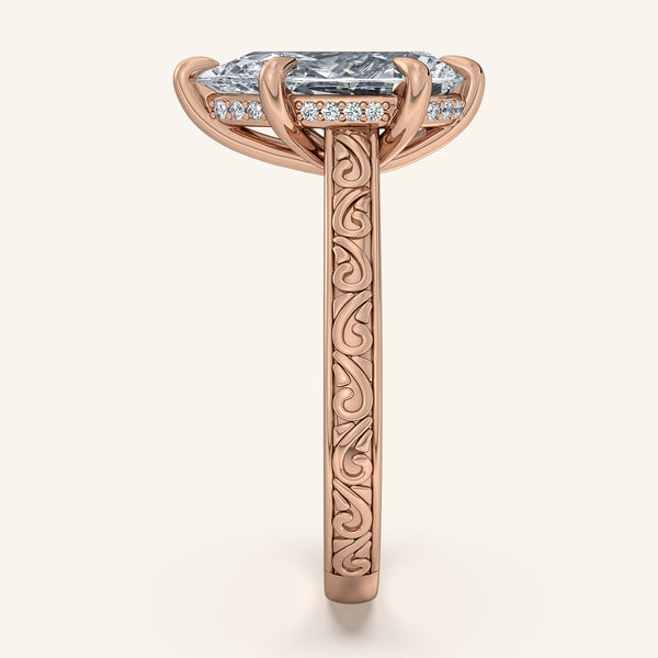 Pear Shape Engraved Cathedral Engagement Ring | 18k Rose Gold
