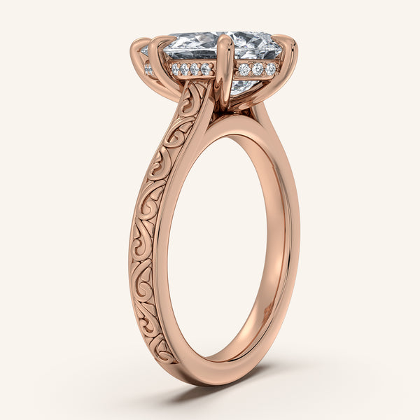 Pear Shape Engraved Cathedral Engagement Ring | 14k Rose Gold
