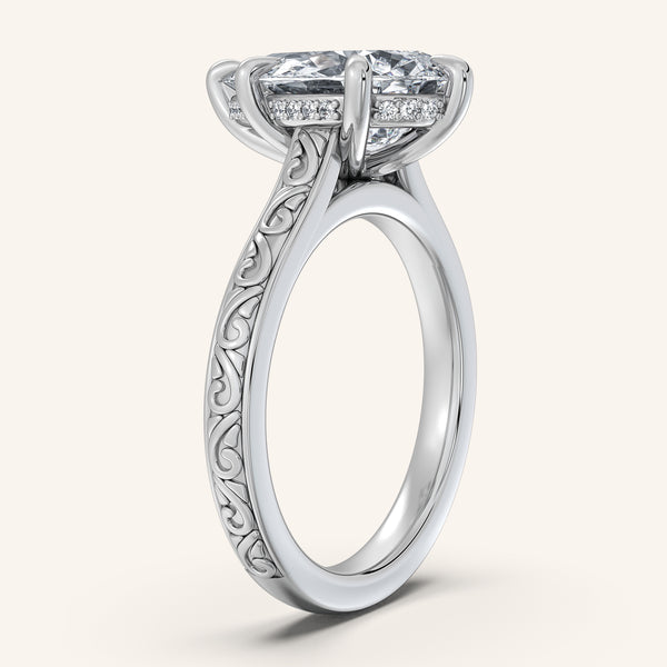 Pear Shape Engraved Cathedral Engagement Ring | 18k White Gold