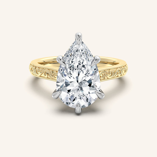 Pear Shape Engraved Cathedral Engagement Ring | 14k Two Tone