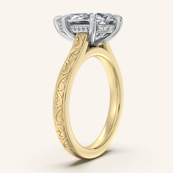 Pear Shape Engraved Cathedral Engagement Ring | 14k Two Tone