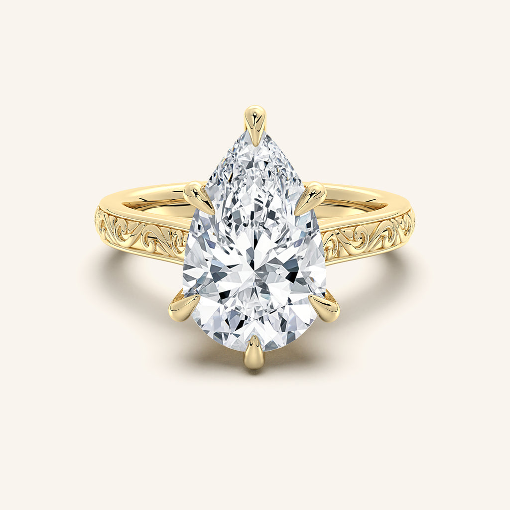 Pear Shape Engraved Cathedral Engagement Ring | 14k Yellow Gold & Clairamor