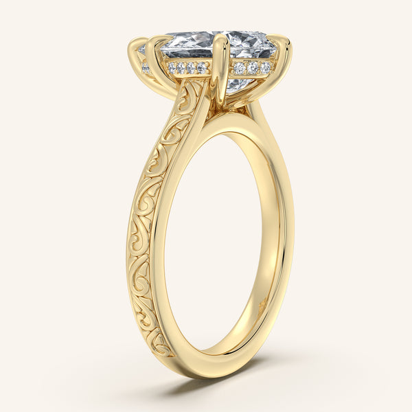 Pear Shape Engraved Cathedral Engagement Ring | 18k Yellow Gold