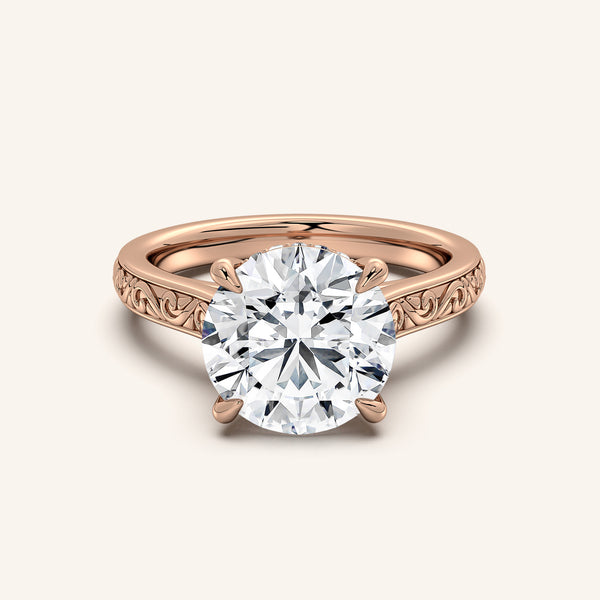 Round Engraved Cathedral Engagement Ring | 14k Rose Gold