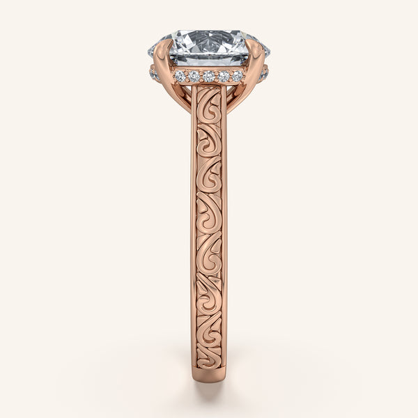 Round Engraved Cathedral Engagement Ring | 18k Rose Gold