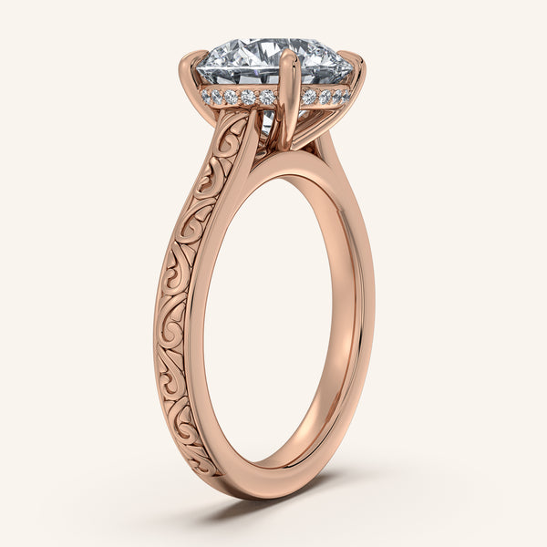 Round Engraved Cathedral Engagement Ring | 18k Rose Gold