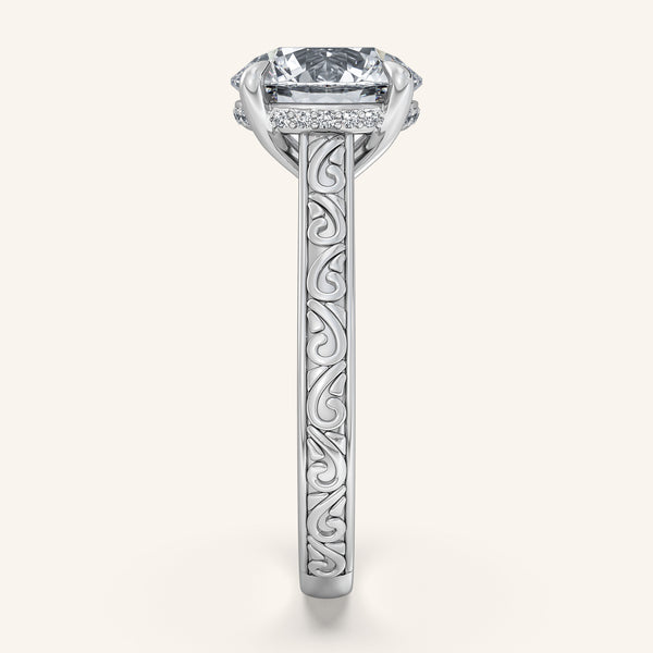 Round Engraved Cathedral Engagement Ring | 18k White Gold