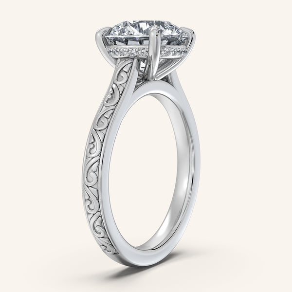 Round Engraved Cathedral Engagement Ring | 18k White Gold