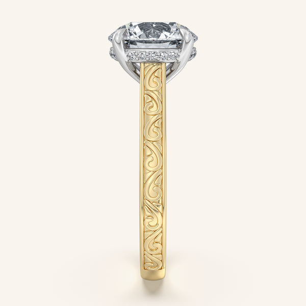 Round Engraved Cathedral Engagement Ring | 18k Two Tone