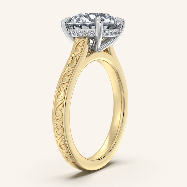 Round Engraved Cathedral Engagement Ring | 14k Two Tone