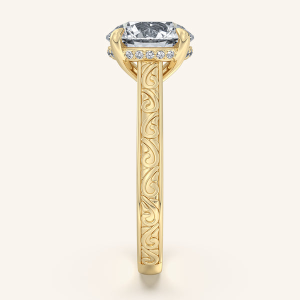 Round Engraved Cathedral Engagement Ring | 18k Yellow Gold