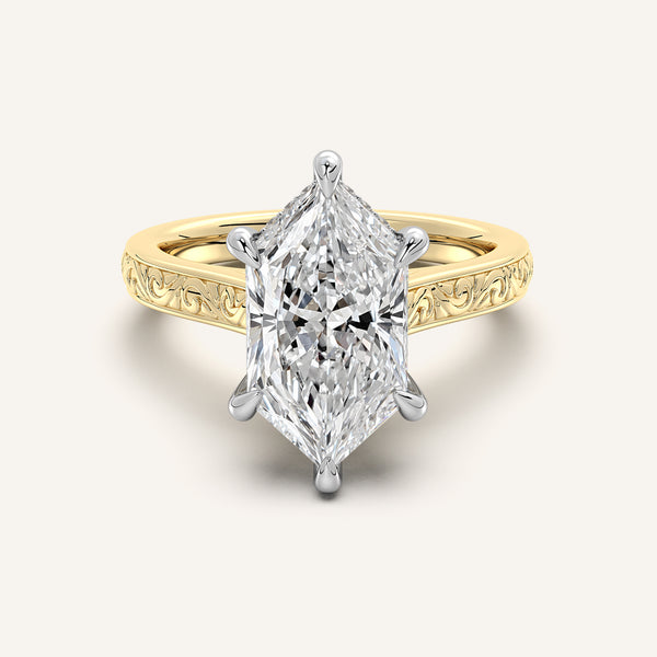 Dutch Marquise Engraved Cathedral Engagement Ring | 18k Two Tone