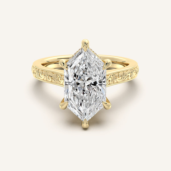 Dutch Marquise Engraved Cathedral Engagement Ring | 14k Yellow Gold