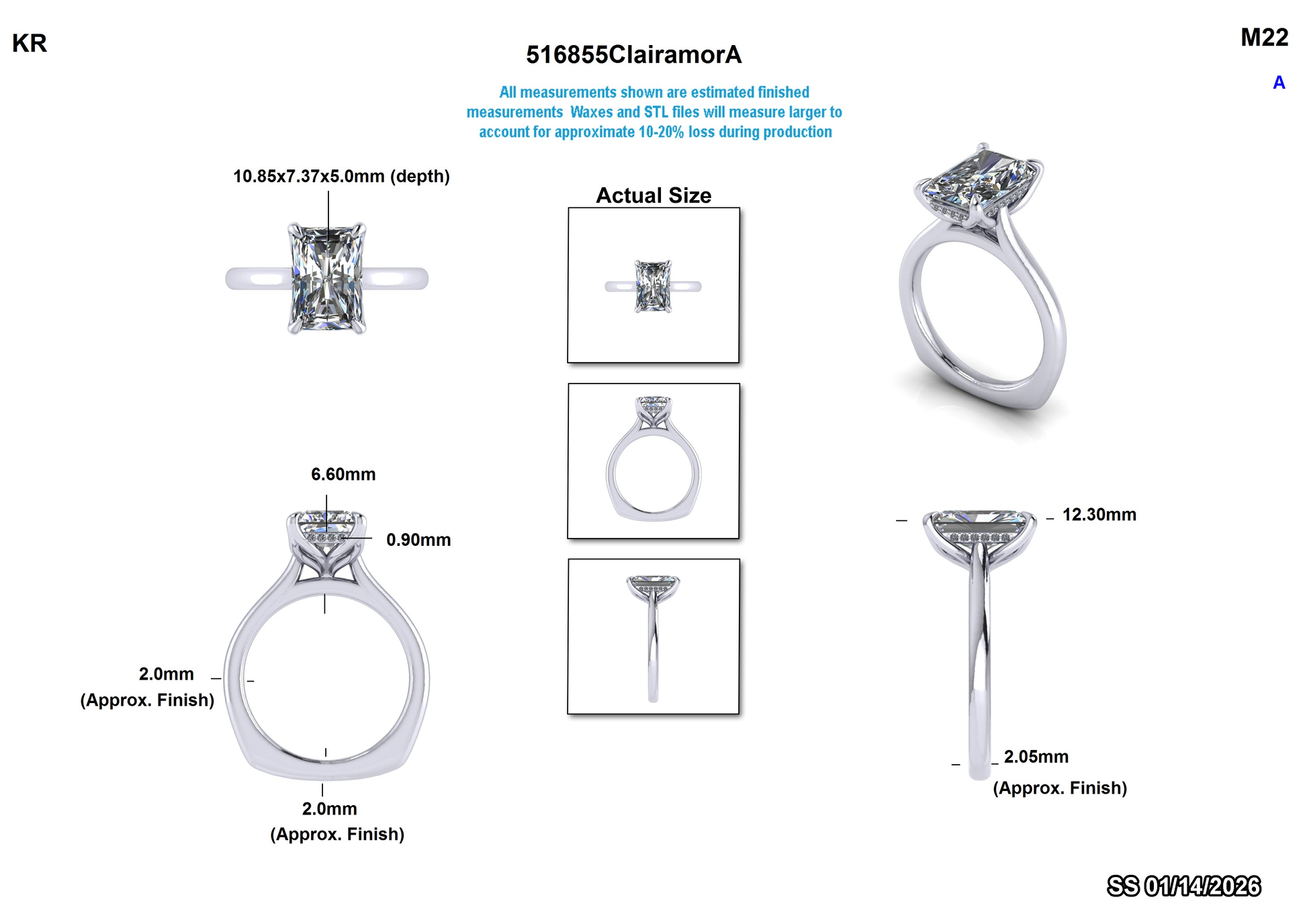 Lab-grown diamond engagement ring with princess cut, detailed measurements and actual size views