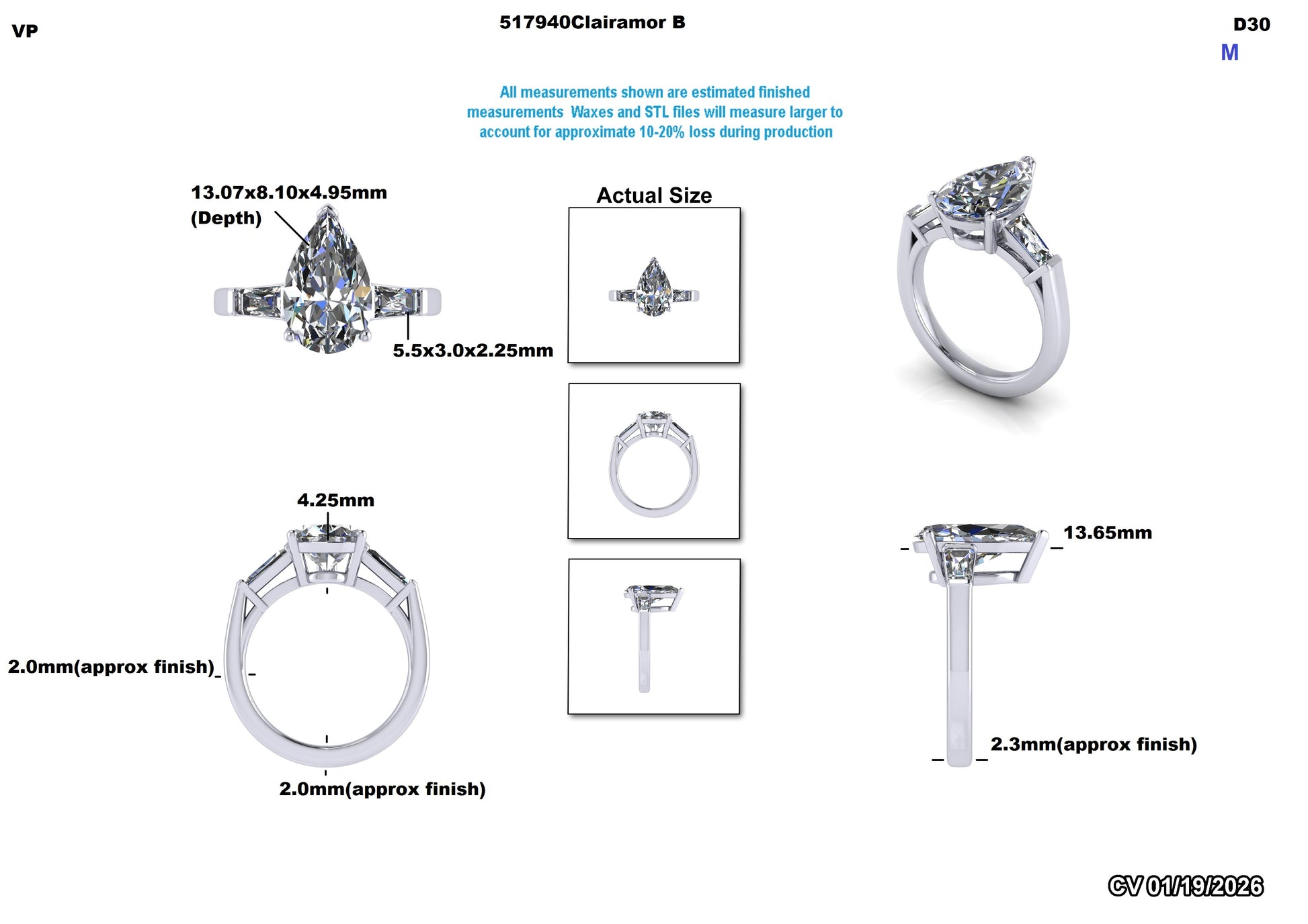 Technical drawing of a diamond ring with measurements and details on a white background