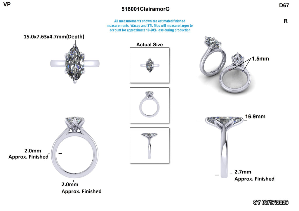 Lab-grown diamond engagement ring with marquise center stone, detailed measurements and views