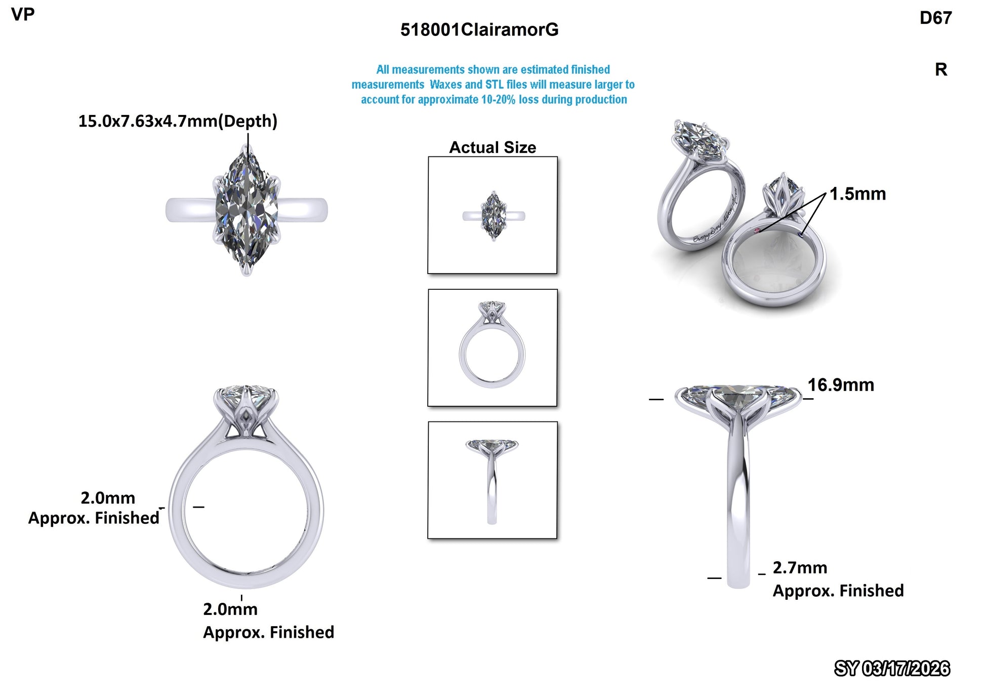 Lab-grown diamond engagement ring with marquise center stone, detailed measurements and views