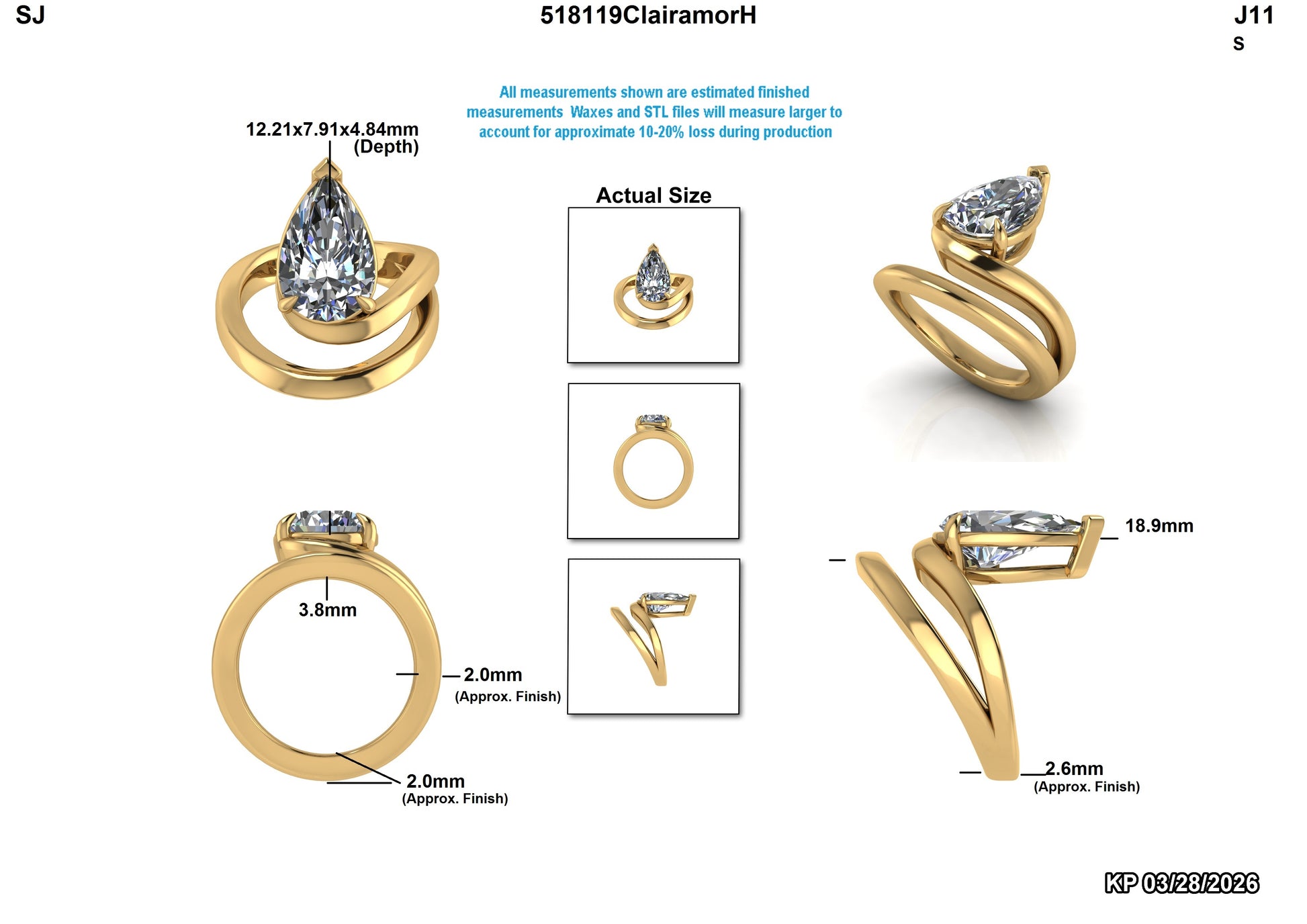 Pear cut lab-grown diamond engagement ring in gold, detailed measurements shown, eco-friendly and conflict-free
