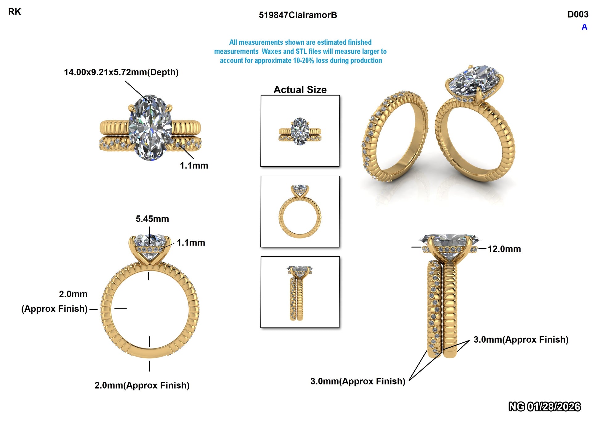 Oval lab-grown diamond engagement ring with gold band, detailed measurements and views