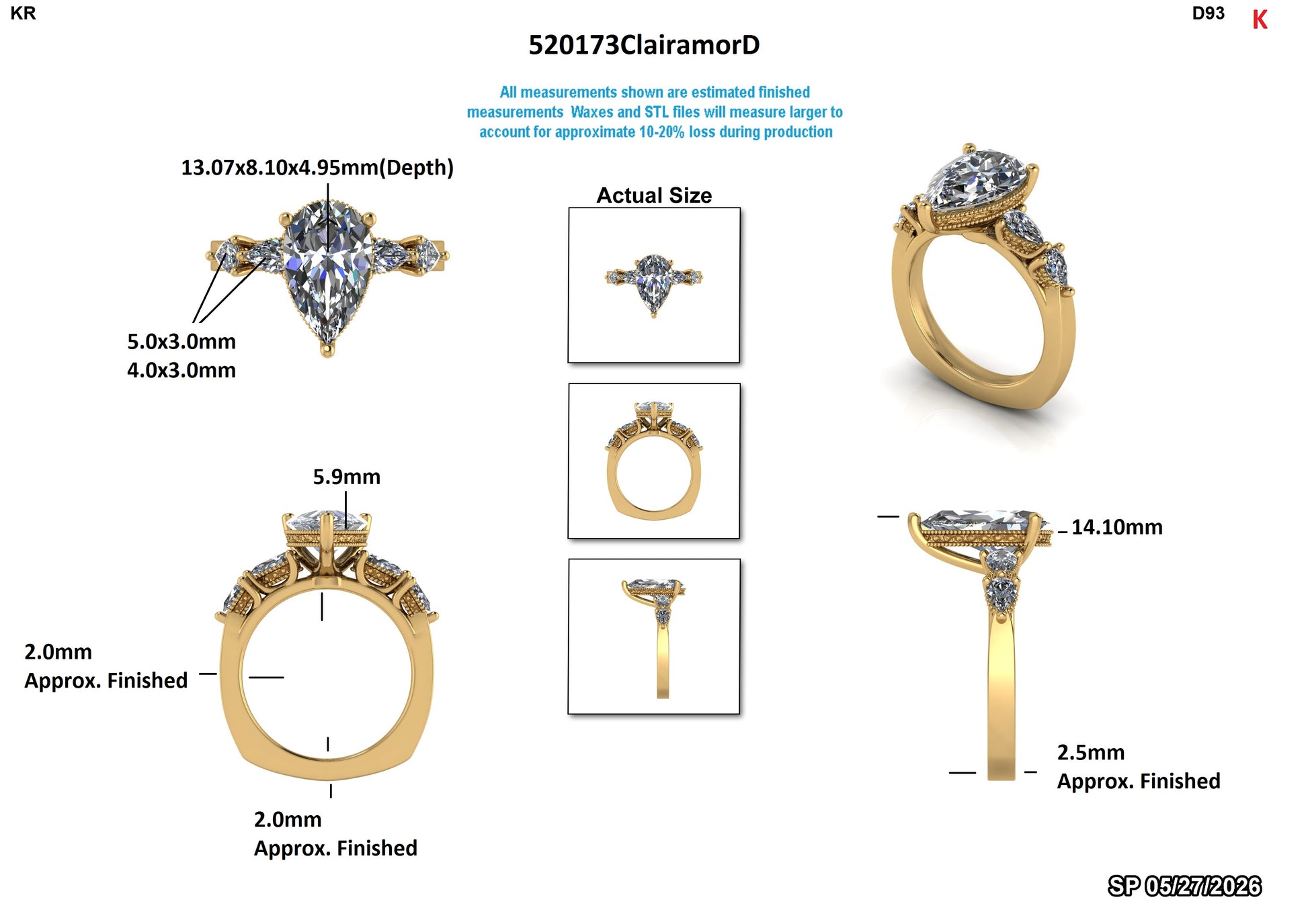Pear shape lab-grown diamond engagement ring with gold band, detailed measurements and views