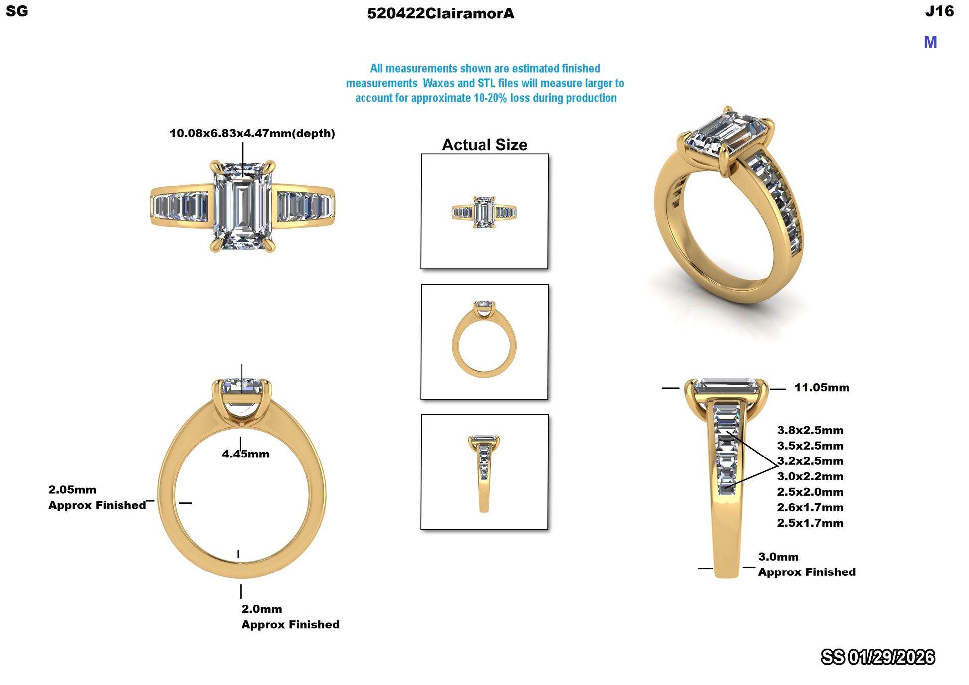 Gold ring with diamond details shown from multiple angles with measurements on a white background.