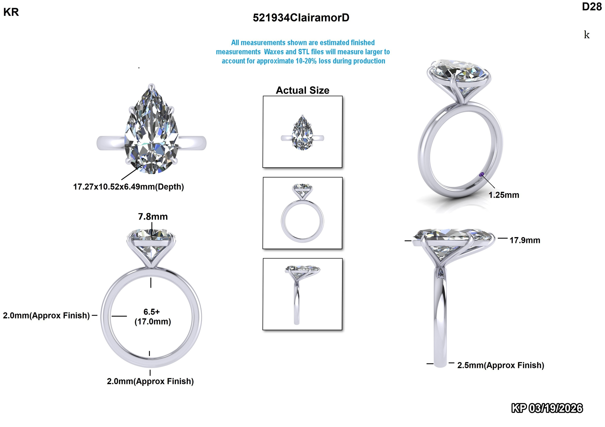 Pear shape lab-grown diamond engagement ring with detailed measurements and actual size views