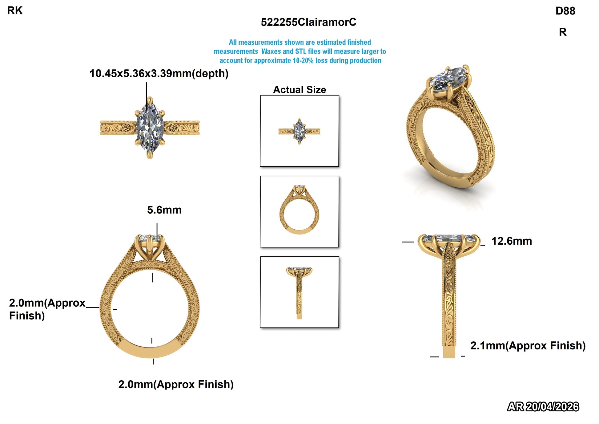 Lab-grown diamond engagement ring with marquise stone and intricate gold band, detailed dimensions shown