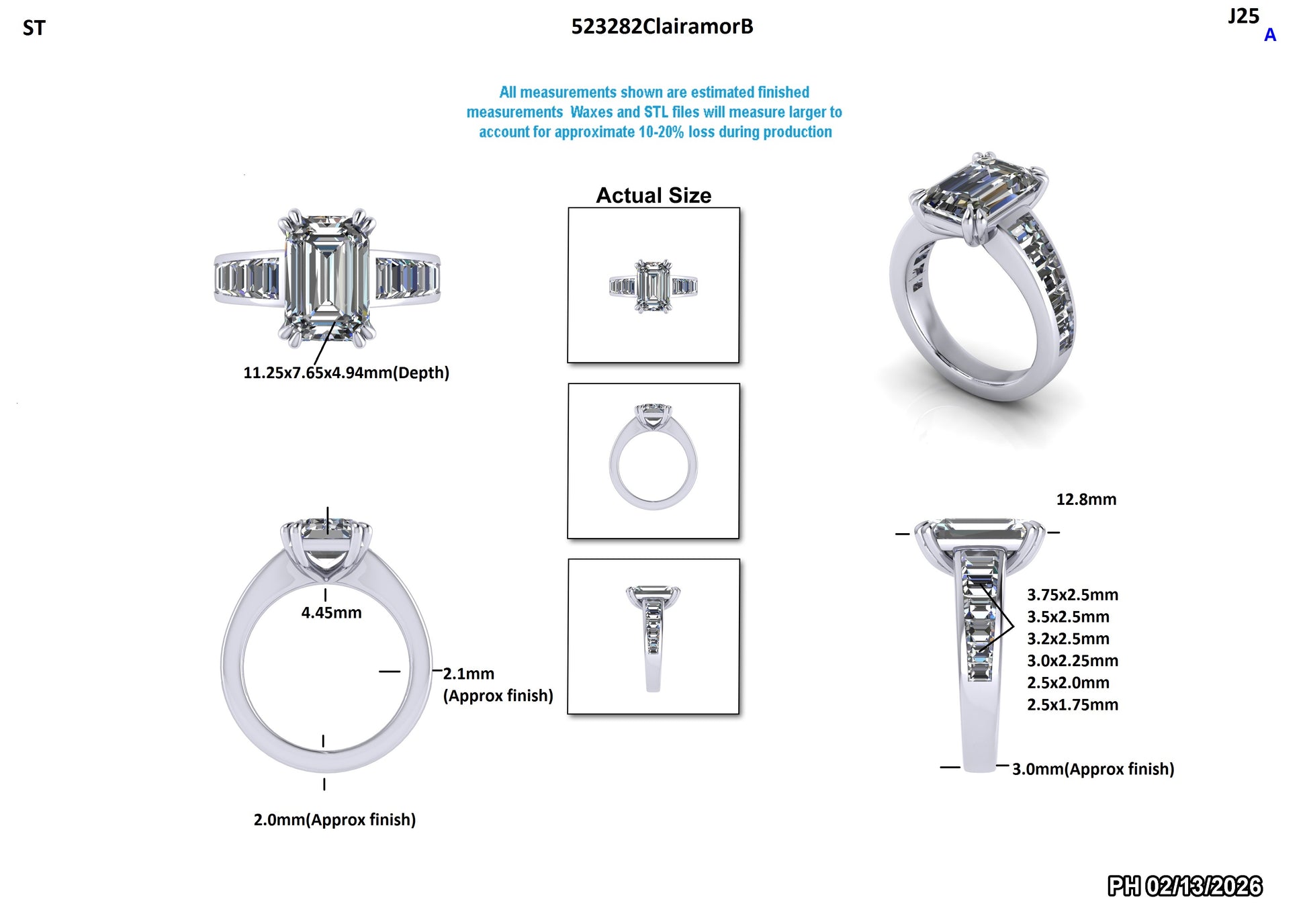 Emerald cut lab-grown diamond engagement ring with baguette side stones, detailed dimensions shown