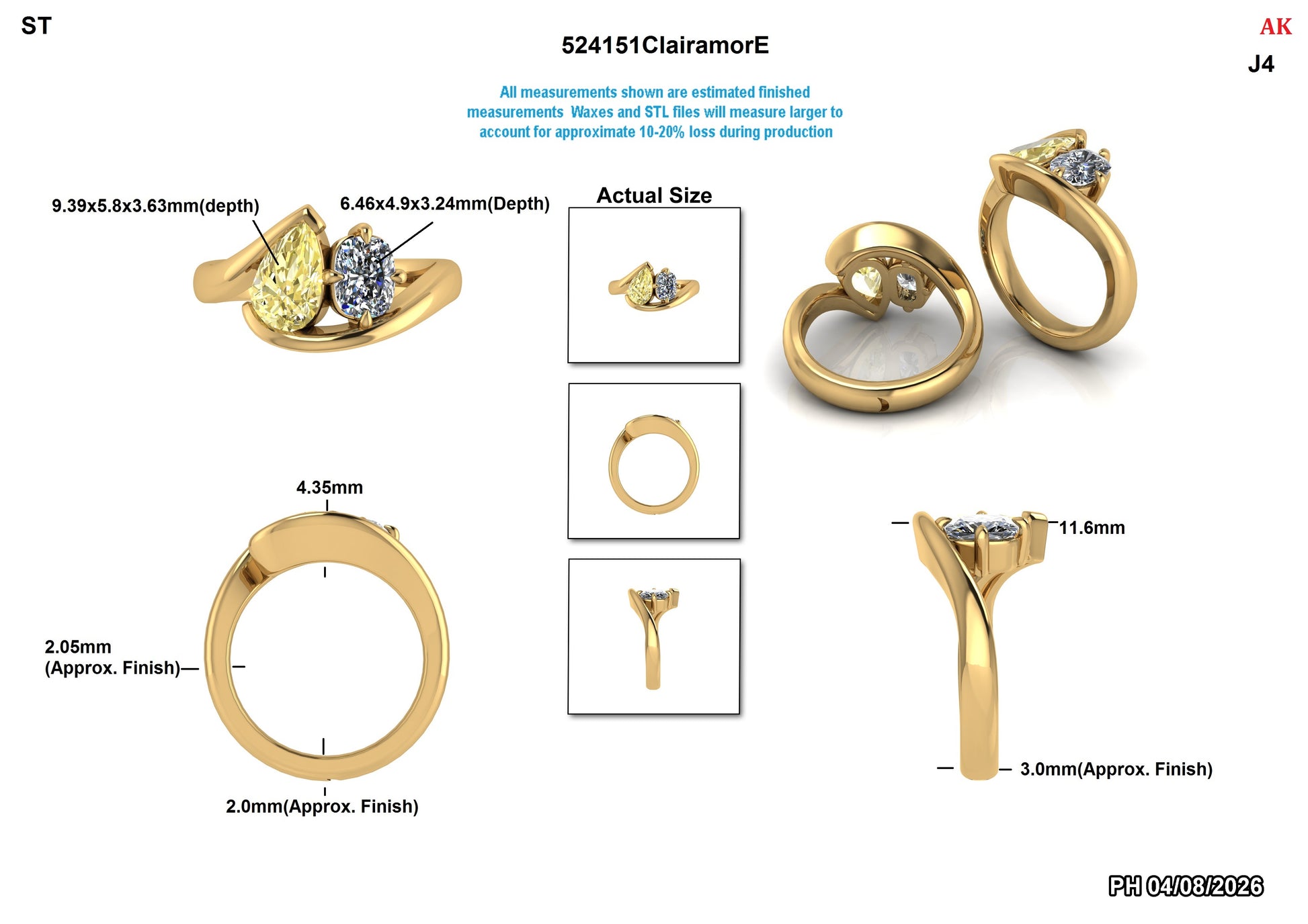 Yellow and white lab-grown diamond engagement ring in gold, detailed specs and views shown