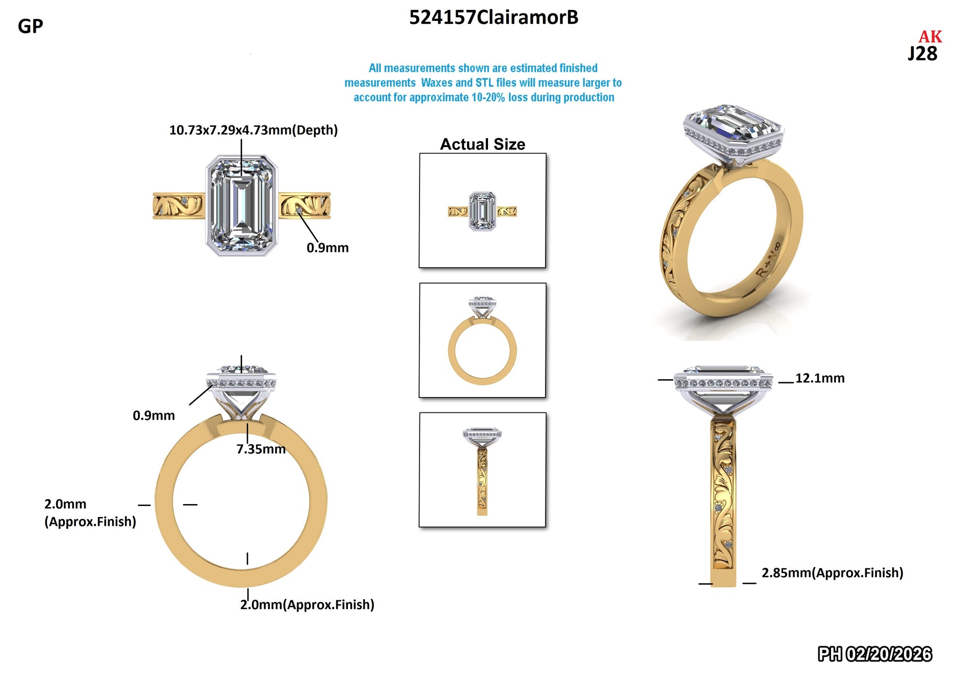 Lab-grown diamond engagement ring with emerald cut center stone, gold band, and detailed measurements