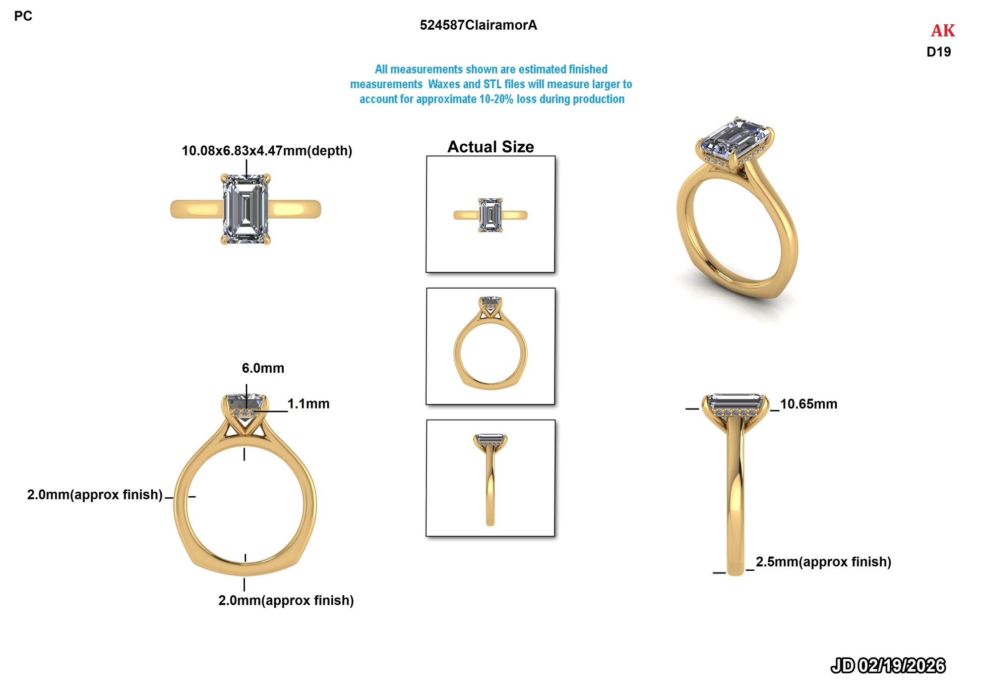 Lab-grown diamond engagement ring with emerald cut, gold band, and detailed measurements for sizing.