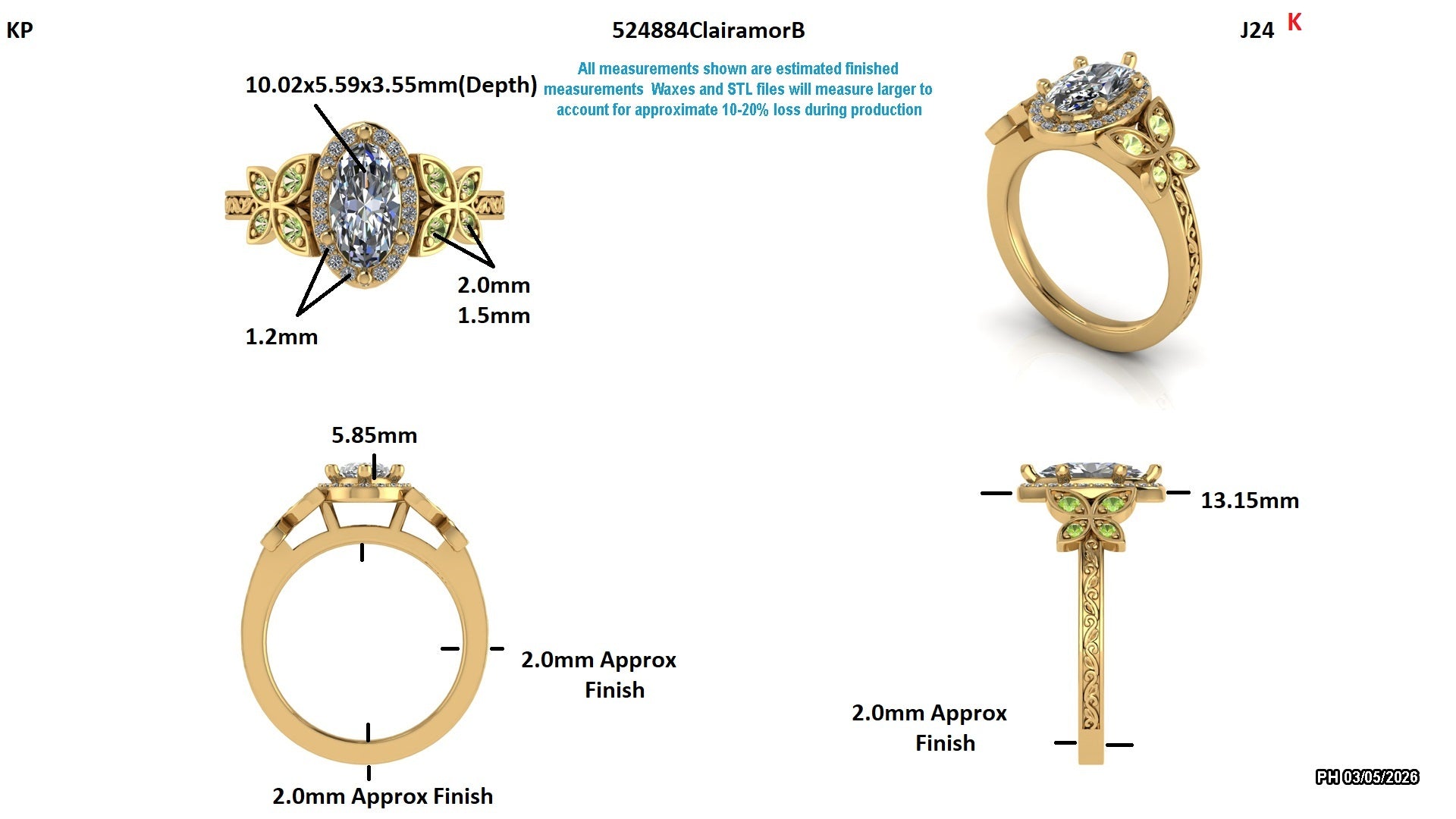 Lab-grown diamond engagement ring with floral gold design and green accents, detailed measurements shown