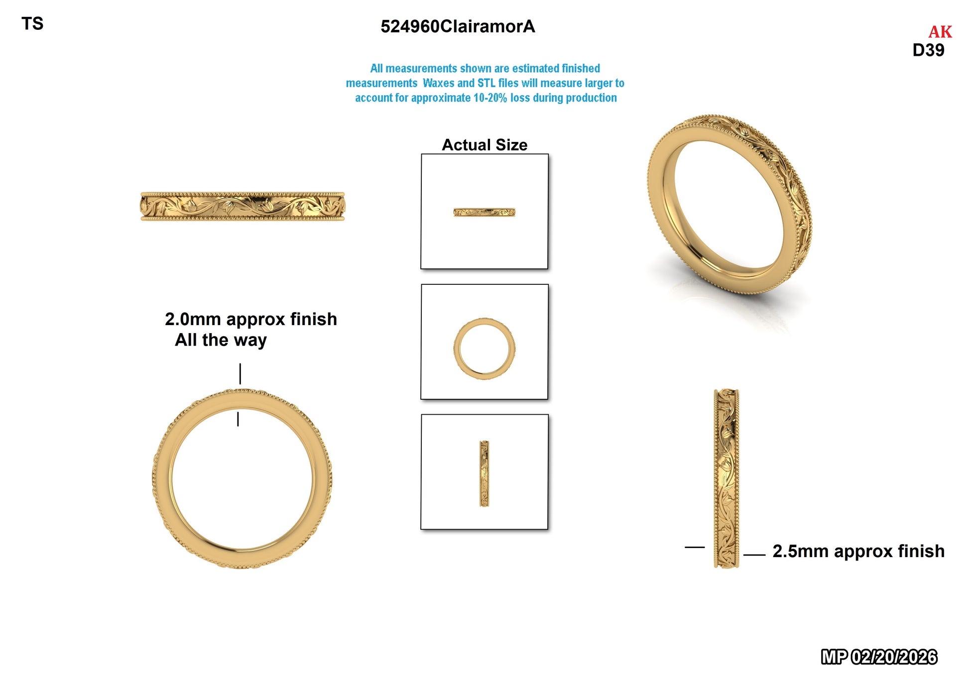 Elegant gold band with floral engraving, 2.0mm–2.5mm width, lab-grown diamond compatible, ethical wedding ring design