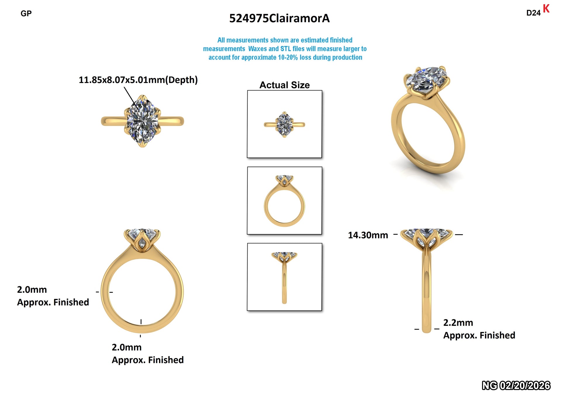 Lab-grown diamond engagement ring in yellow gold, featuring oval cut stone with detailed measurements and views