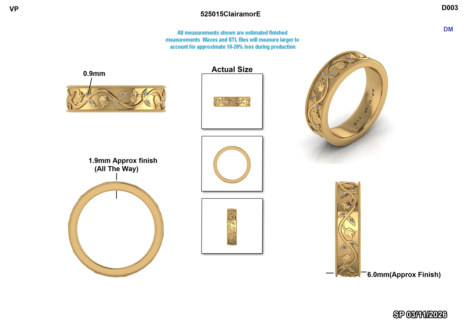 Elegant gold band with floral design and lab-grown diamonds, detailed measurements shown