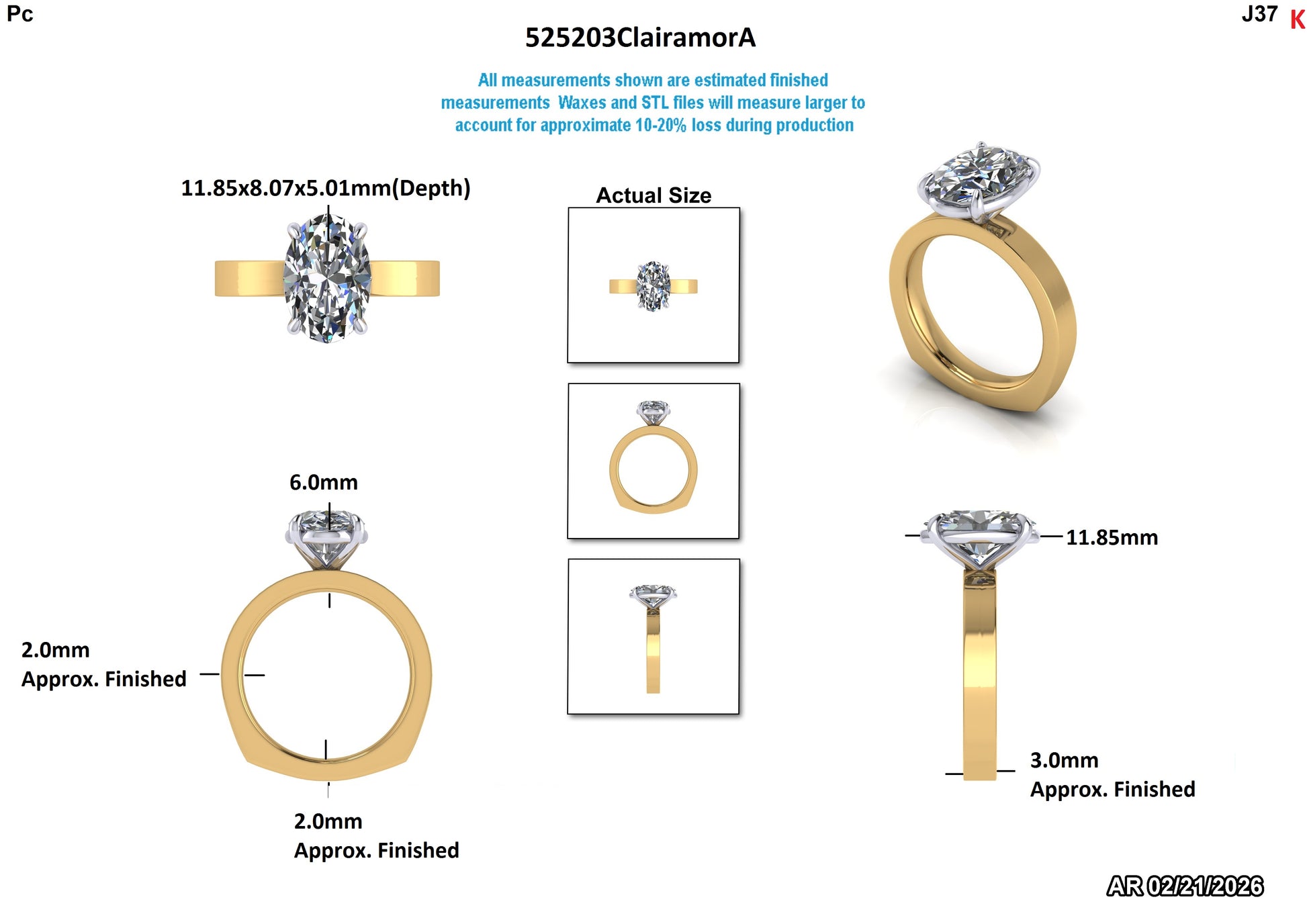 Lab-grown diamond engagement ring with oval stone, gold band, and detailed measurements for size and depth.