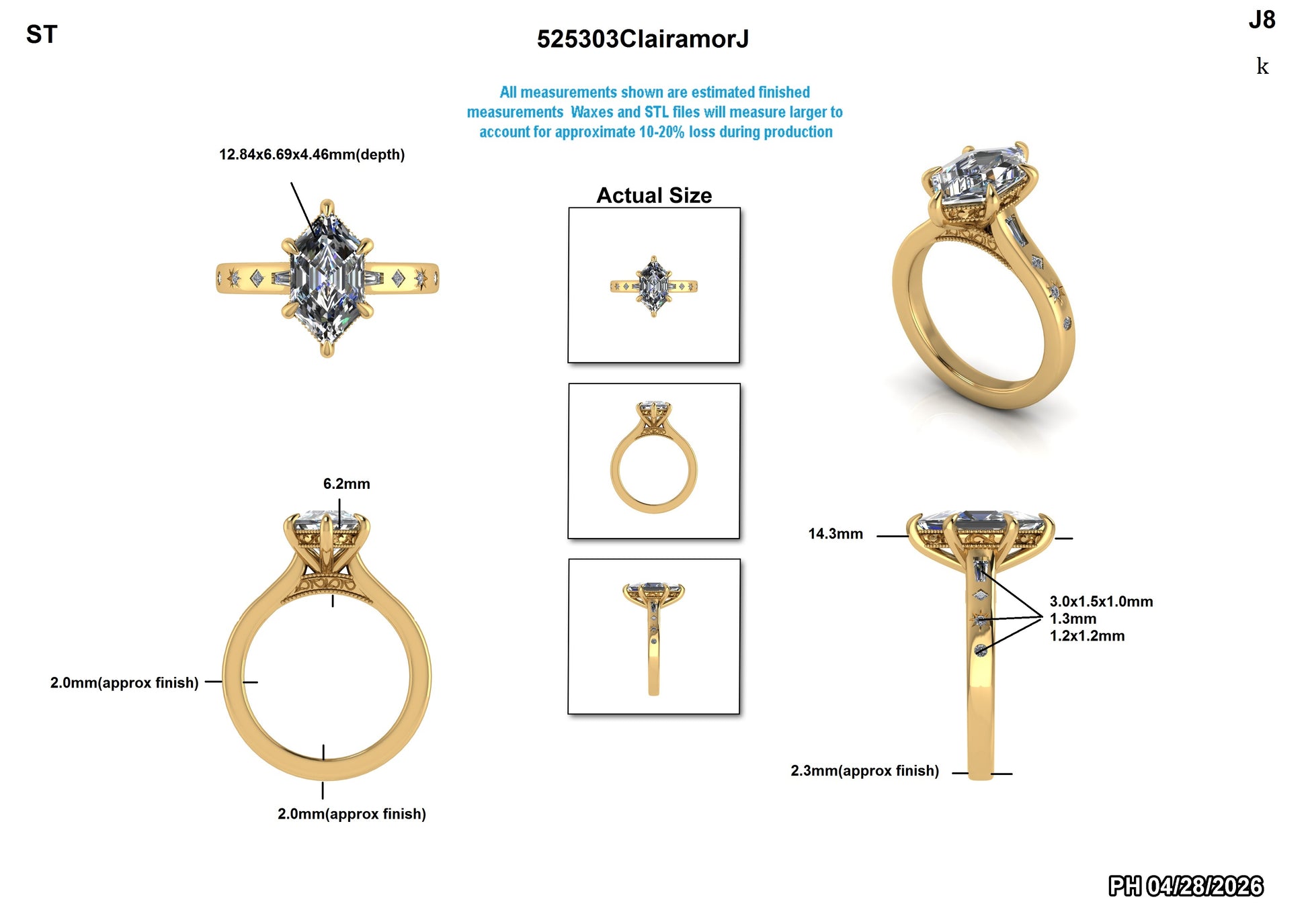 Lab-grown diamond engagement ring with emerald cut center stone, gold band, and side accents, shown with measurements.