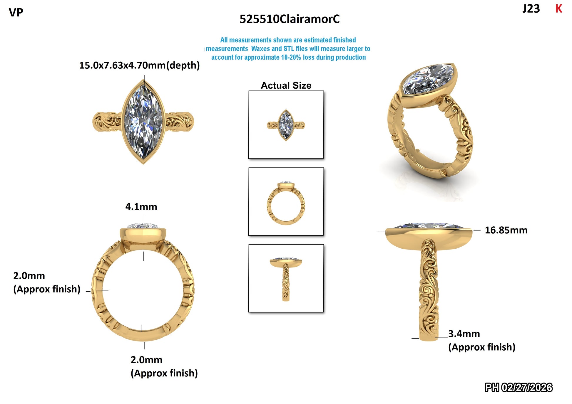 Lab-grown diamond engagement ring with marquise stone and ornate gold band, detailed measurements shown