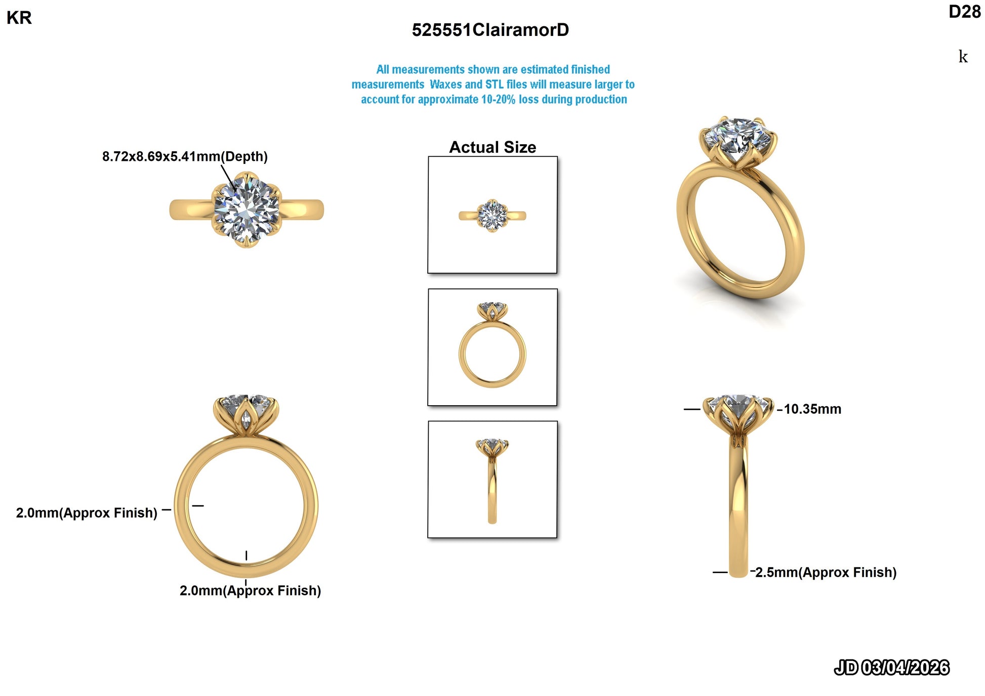 Yellow gold solitaire engagement ring with lab-grown diamond, shown in multiple views with dimensions