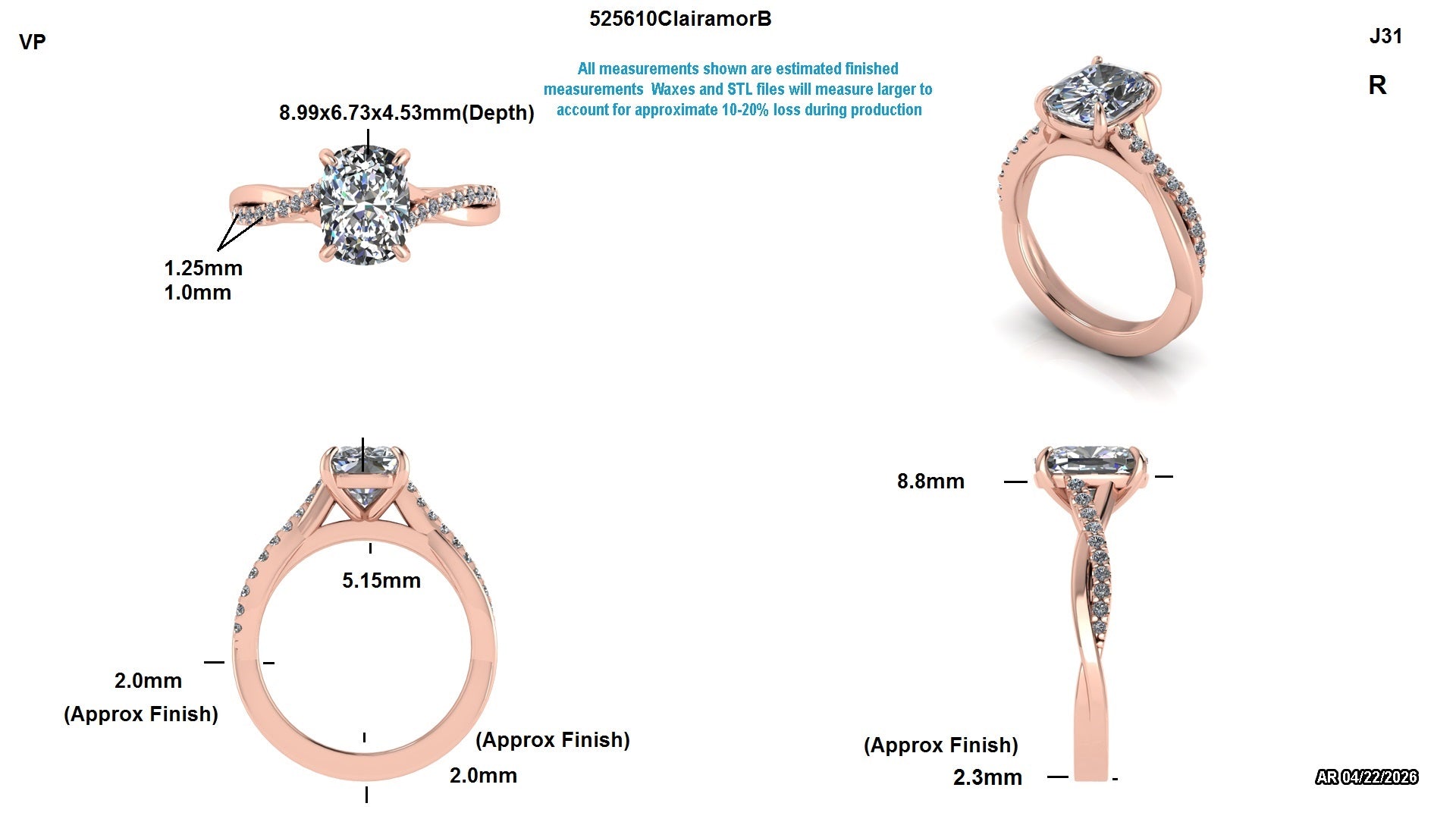 Lab-grown diamond engagement ring in rose gold with detailed measurements and side views