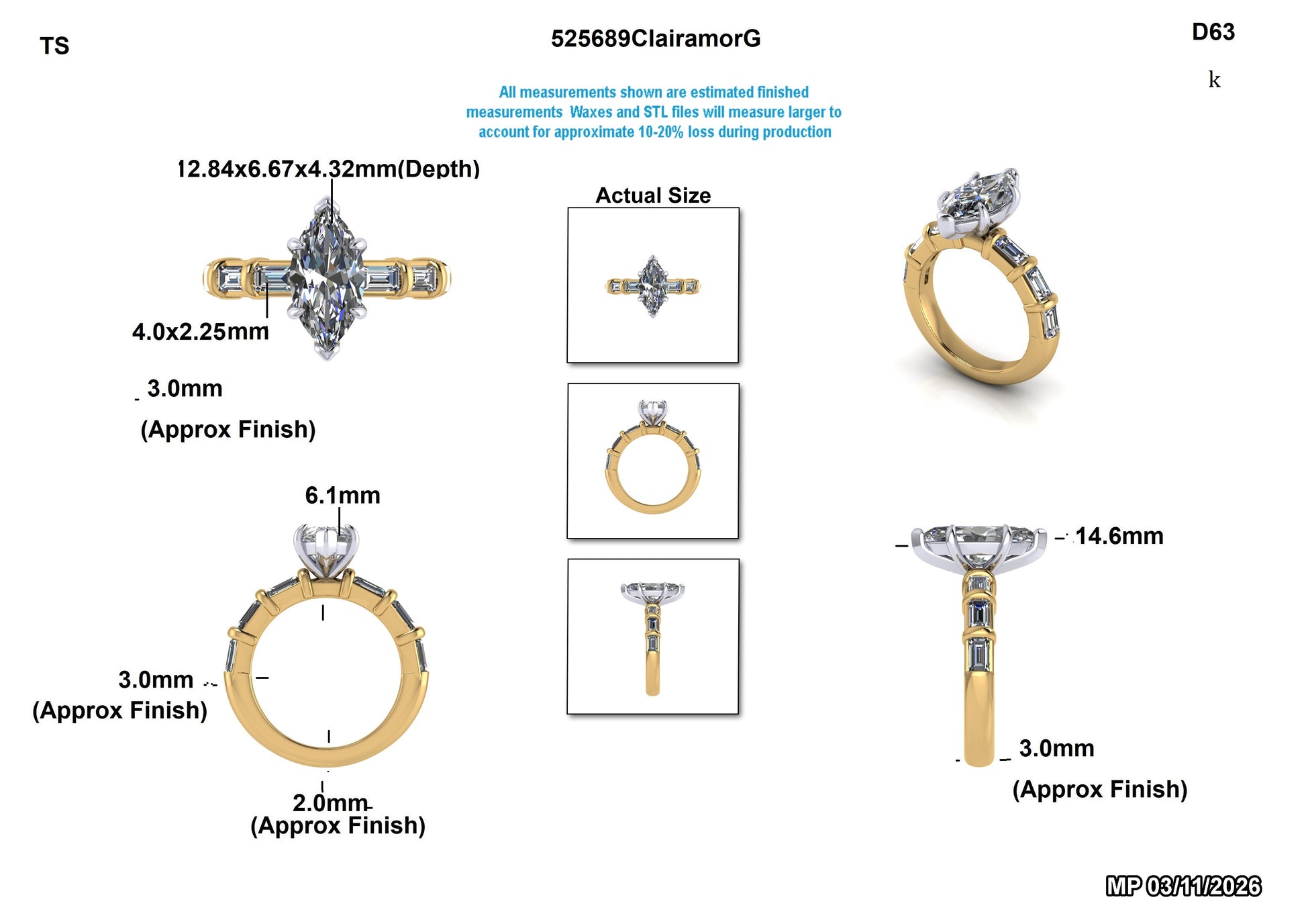 Lab-grown diamond engagement ring with marquise center stone, yellow gold band, and baguette accents, shown with dimensions