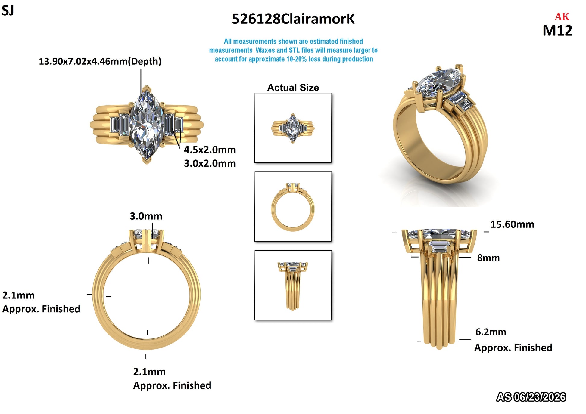 A product measurement diagram for a gold ring with a large clear gemstone, showing multiple views with dimensions, including front, back, top, side, and inset size details on a white background.