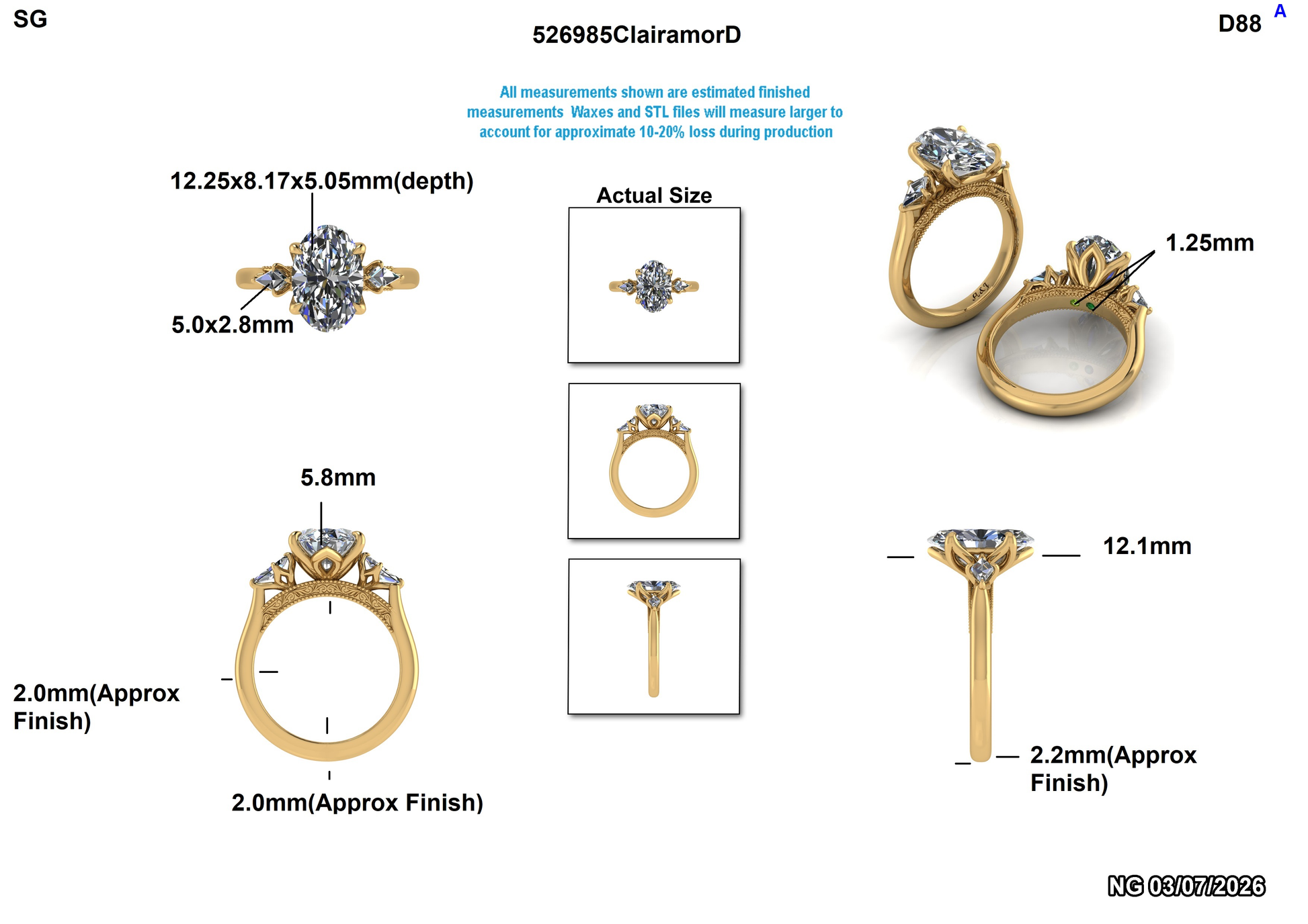 Lab-grown diamond engagement ring with detailed measurements and 3D views, showcasing ethical, sustainable design.