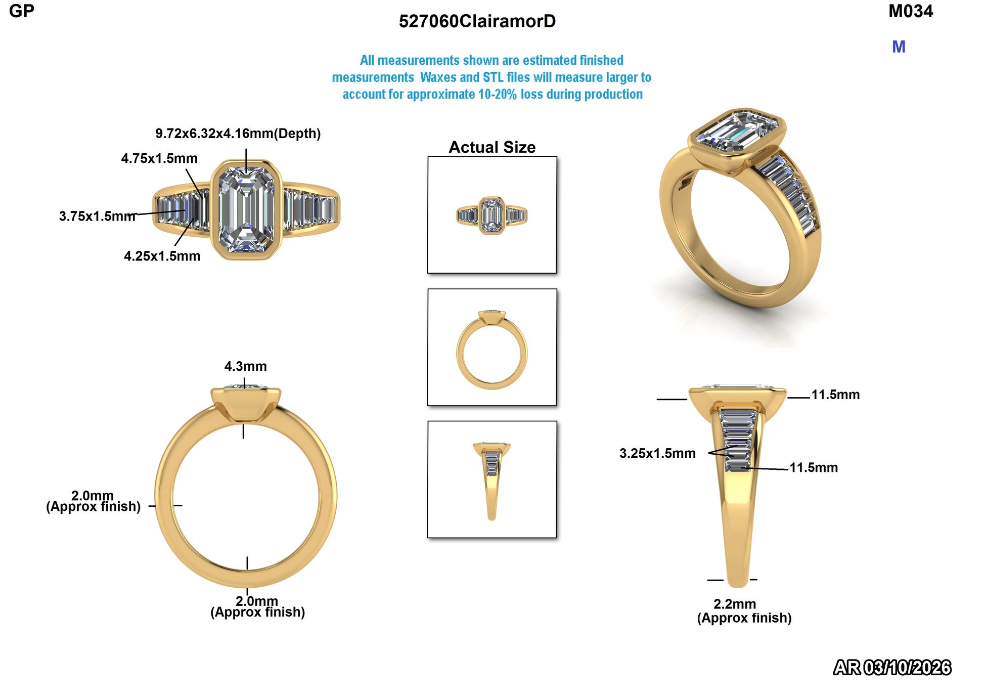 Yellow gold engagement ring with emerald cut lab-grown diamond and baguette side stones, detailed measurements shown