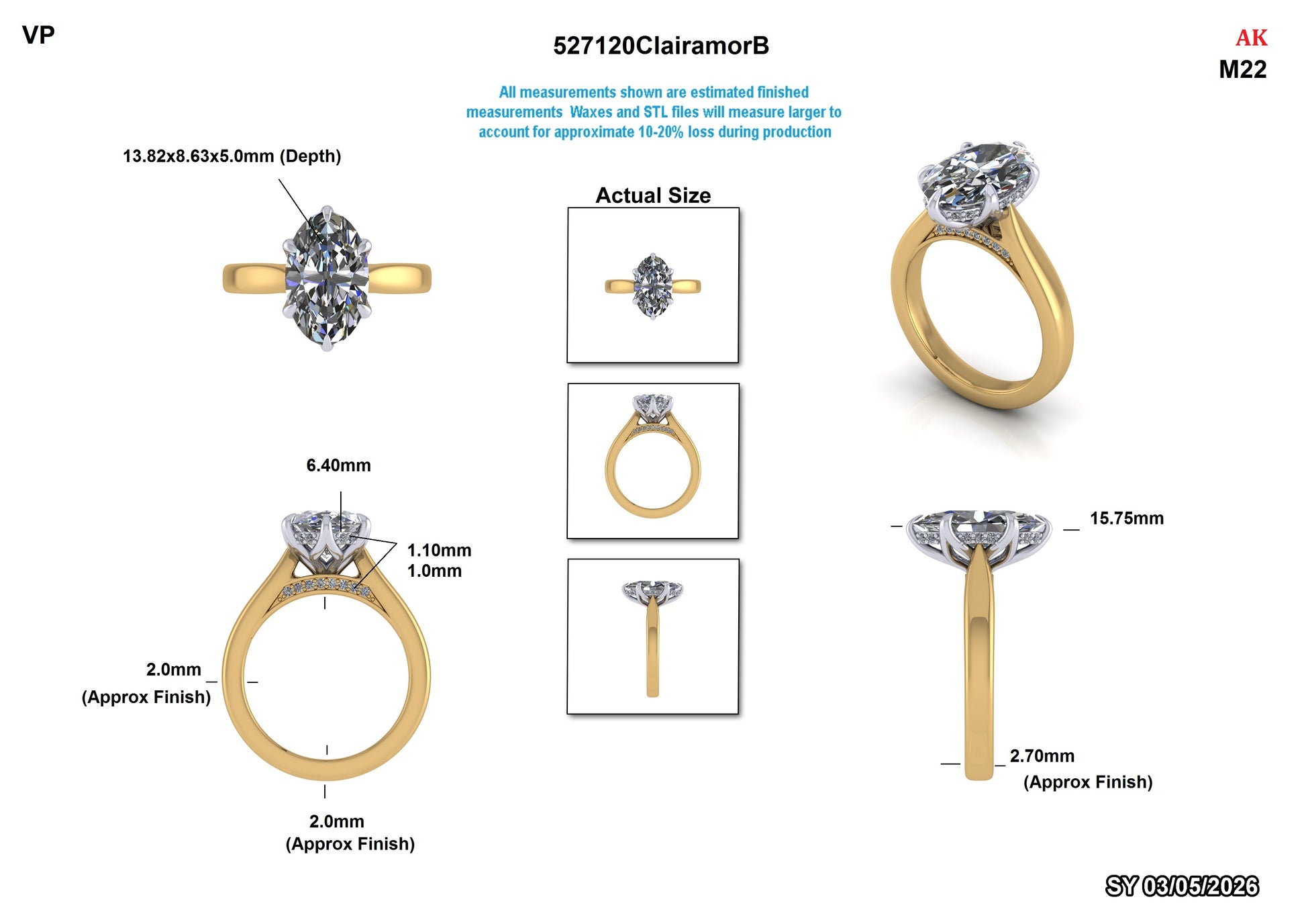 Elegant oval lab-grown diamond engagement ring in yellow gold with detailed measurements and side views