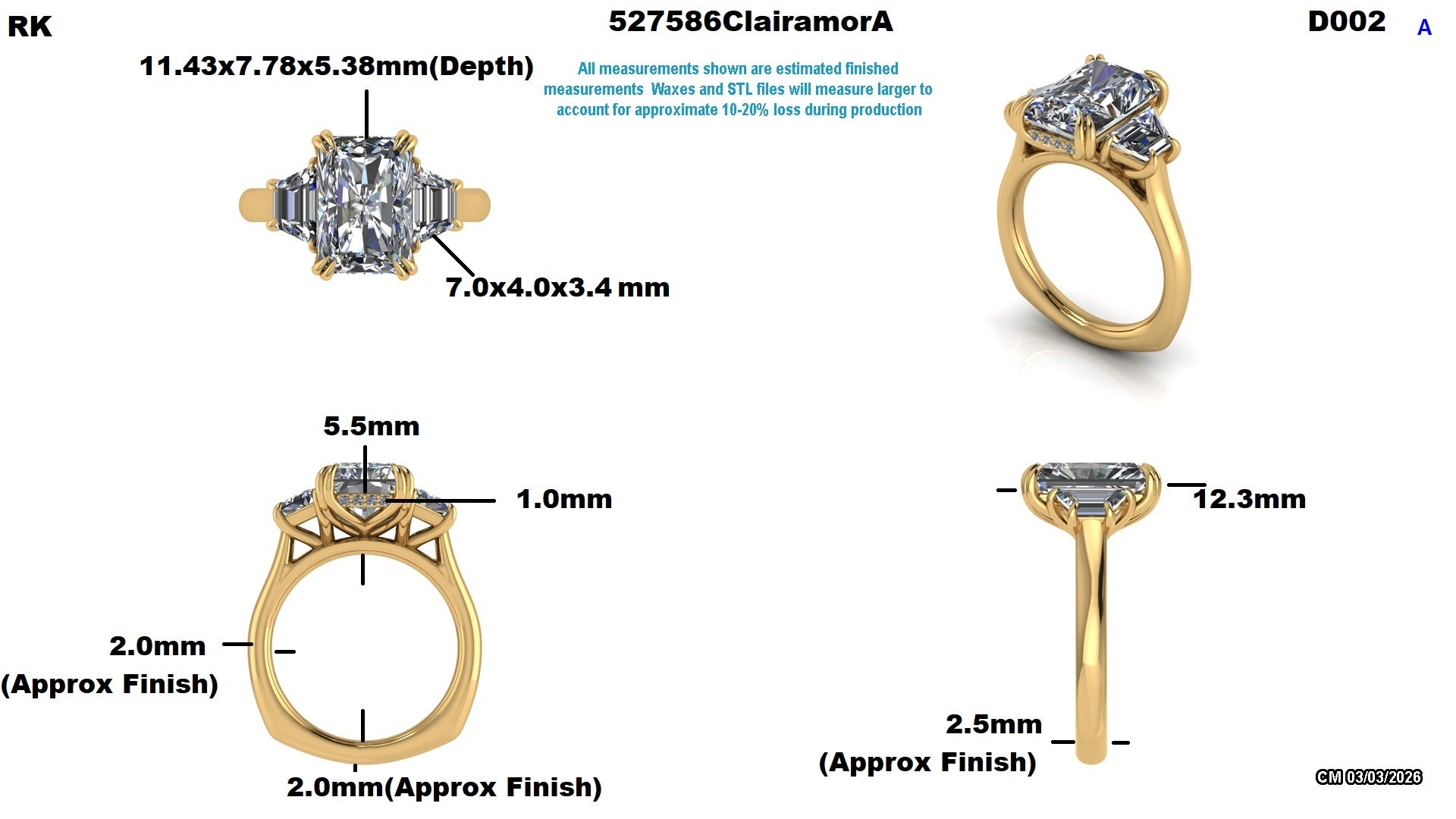 Lab-grown diamond engagement ring with radiant center stone, gold band, and detailed measurements
