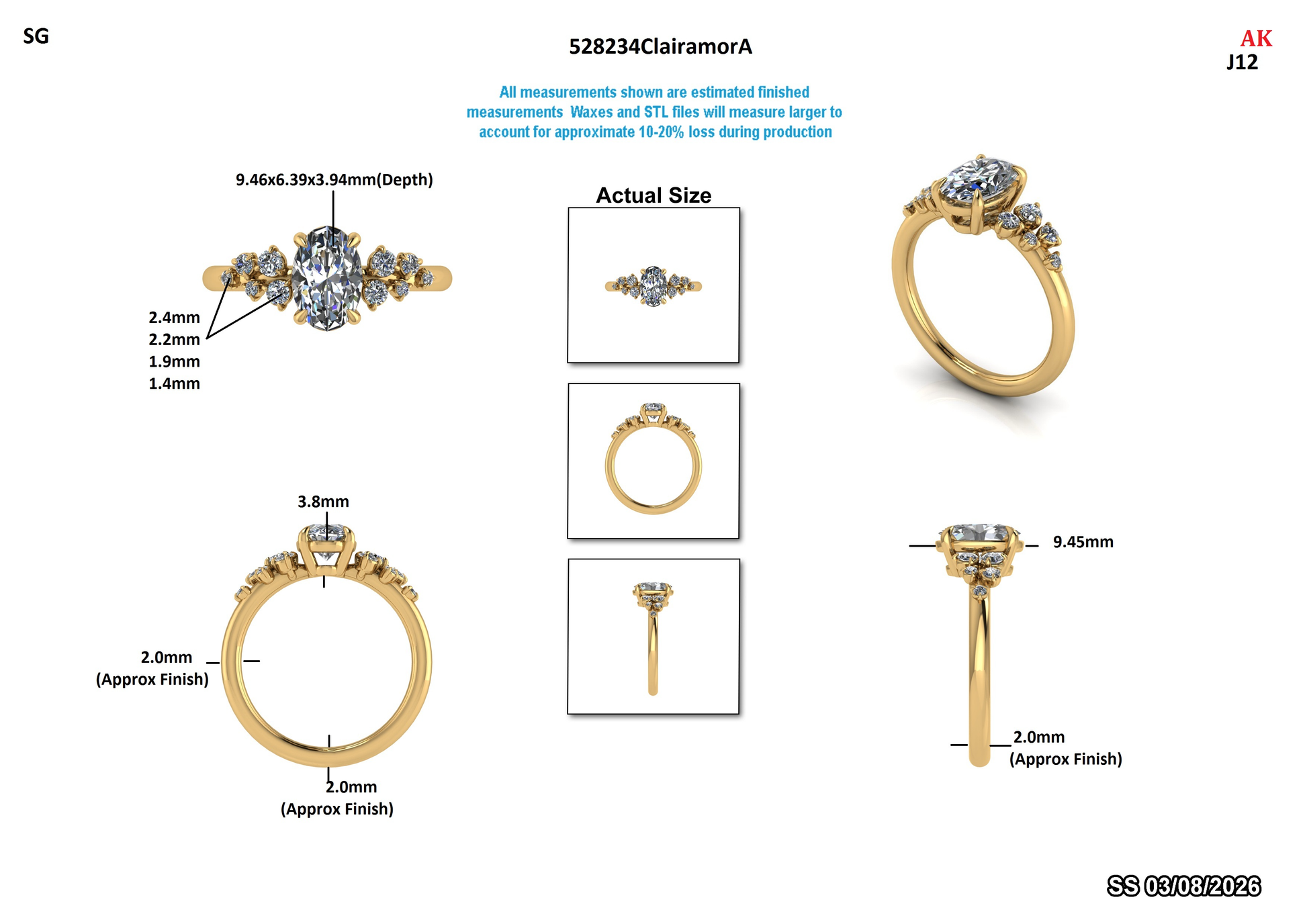 Oval lab-grown diamond engagement ring in yellow gold with side accents, detailed measurements shown