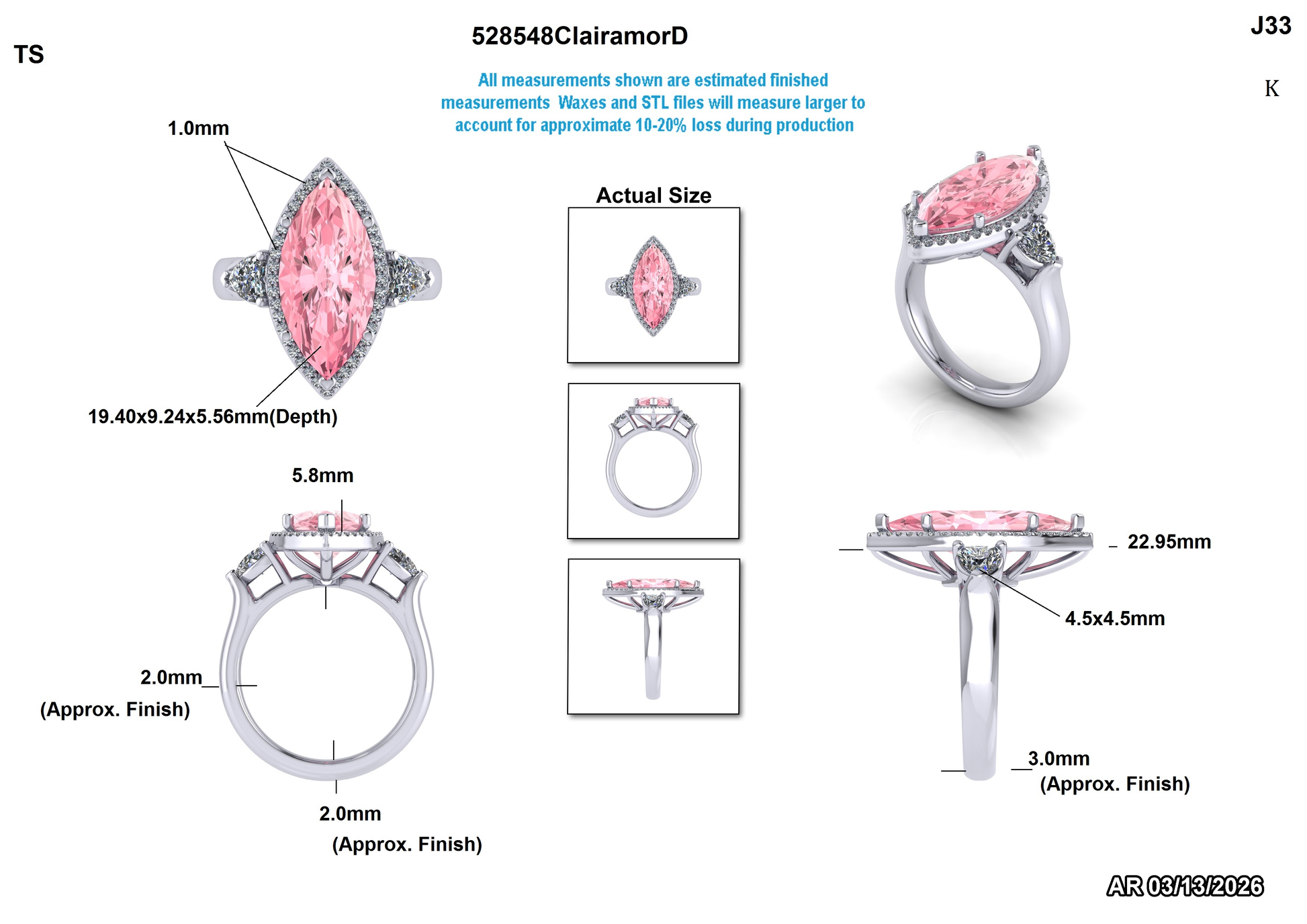 Pink marquise lab-grown diamond engagement ring with halo and side stones, detailed measurements shown