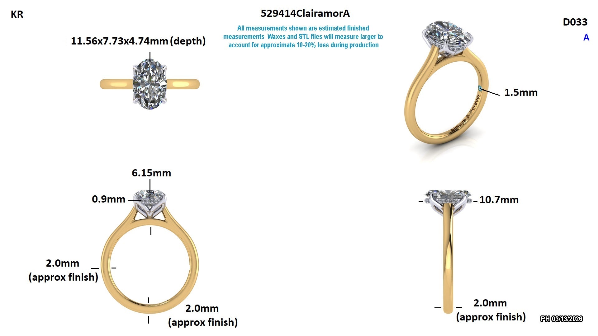 Lab-grown diamond engagement ring with oval center stone, gold band, and detailed measurements for ethical jewelry shopping.